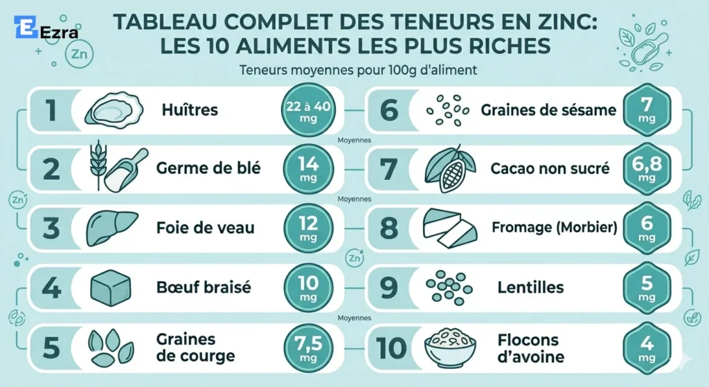quels sont les 10 aliments les plus riches en zinc​